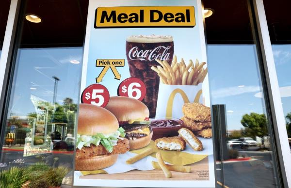 Sign advertising $5 Meal Deal at a McDonald's restaurant in Burbank, California.